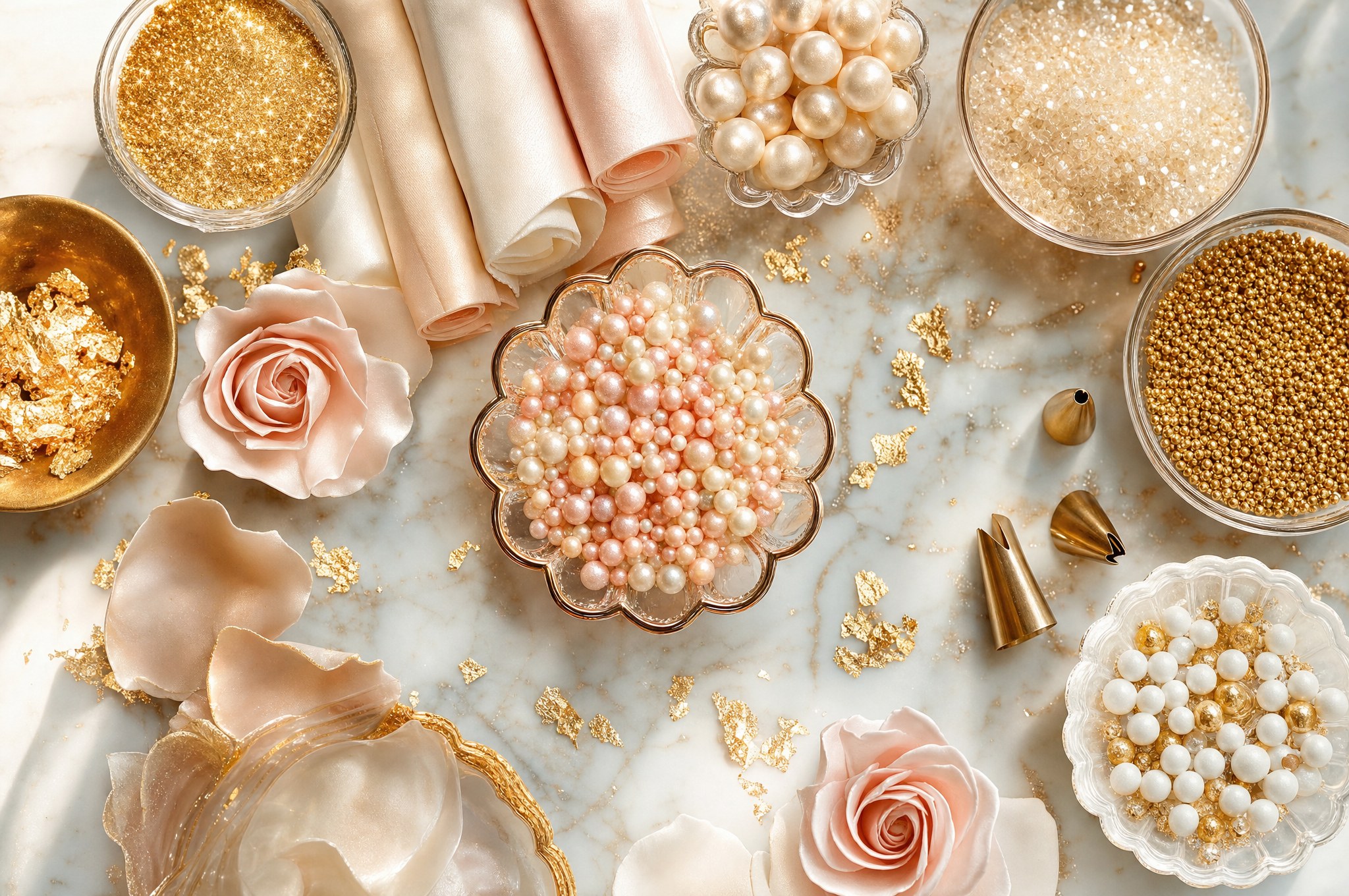 Ingrédients de l'atelier : brillants comestibles, perles de sucre, rubans de fondant, roses en sucre et feuille d'or sur marbre.