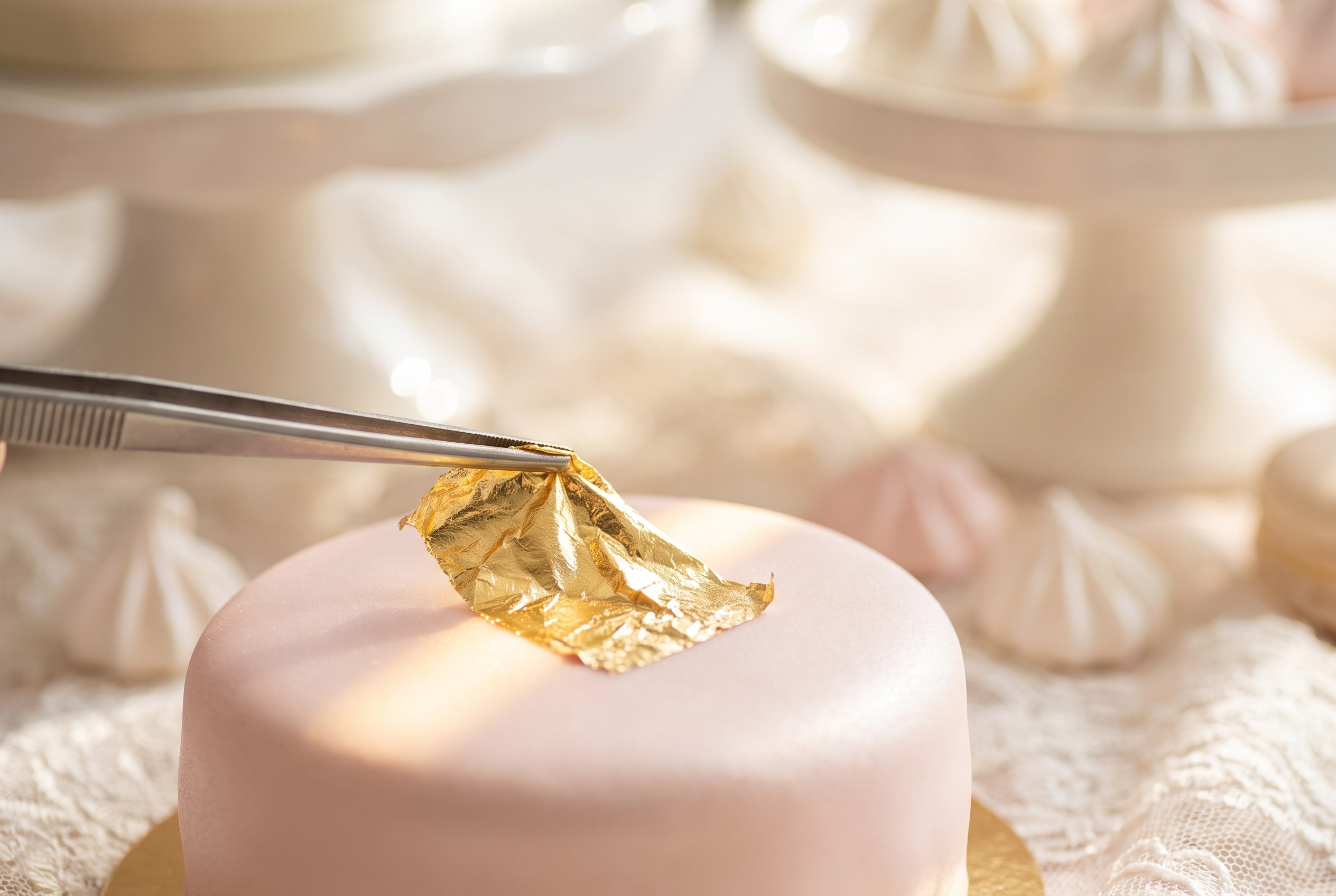 Une feuille d'or se pose sur le fondant rose pâle.