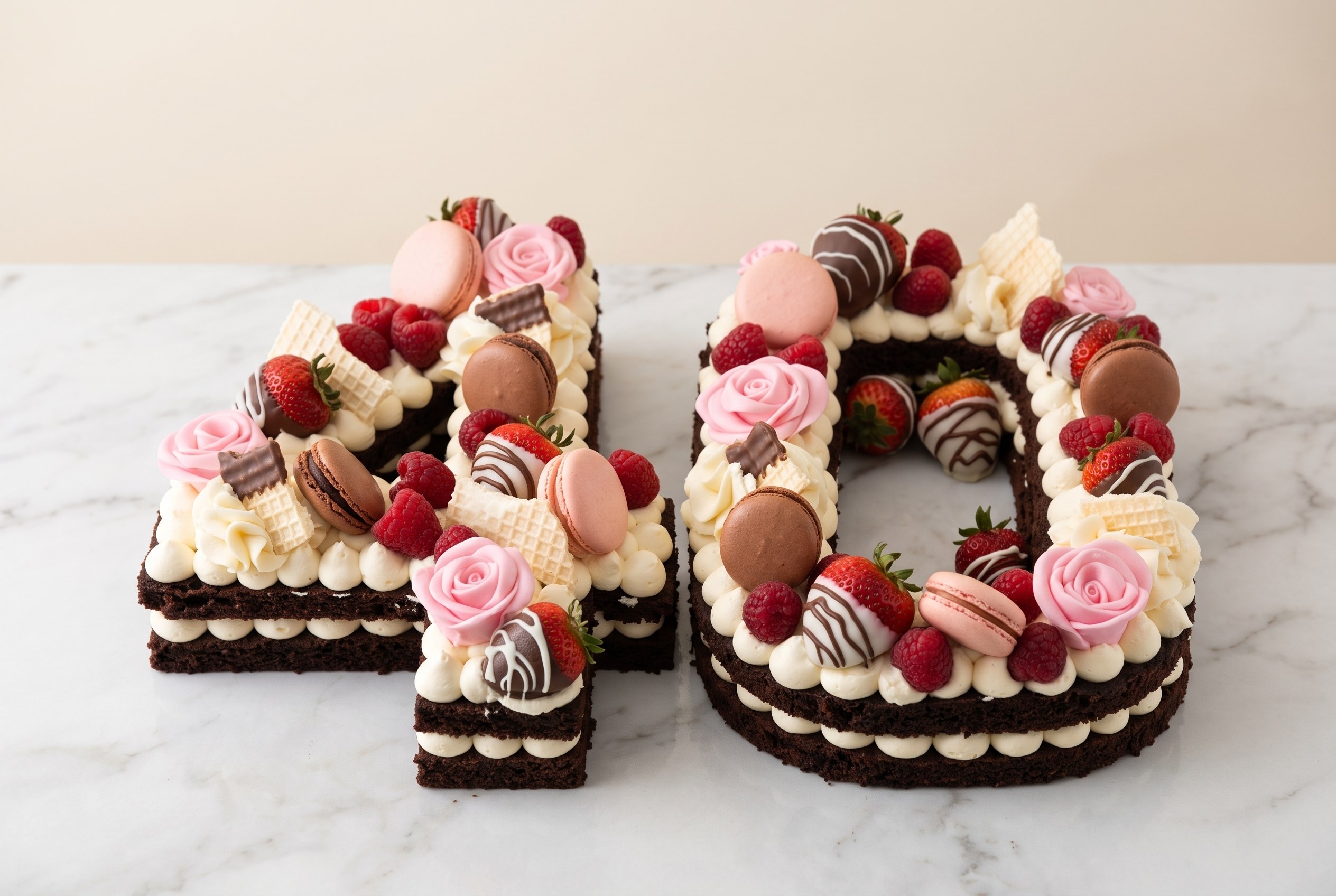 Gâteau chiffre 40 garni de fraises enrobées et de roses.